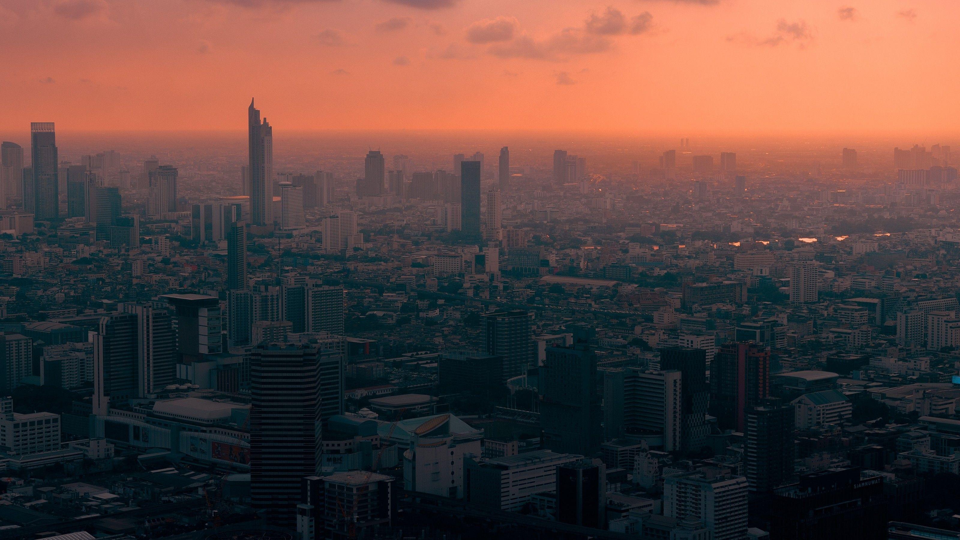 3200x1800 Download 3200x1800 Thailand, Bangkok, Sunset, Cityscape, Aerial View, Skyscrapers Wallpaper