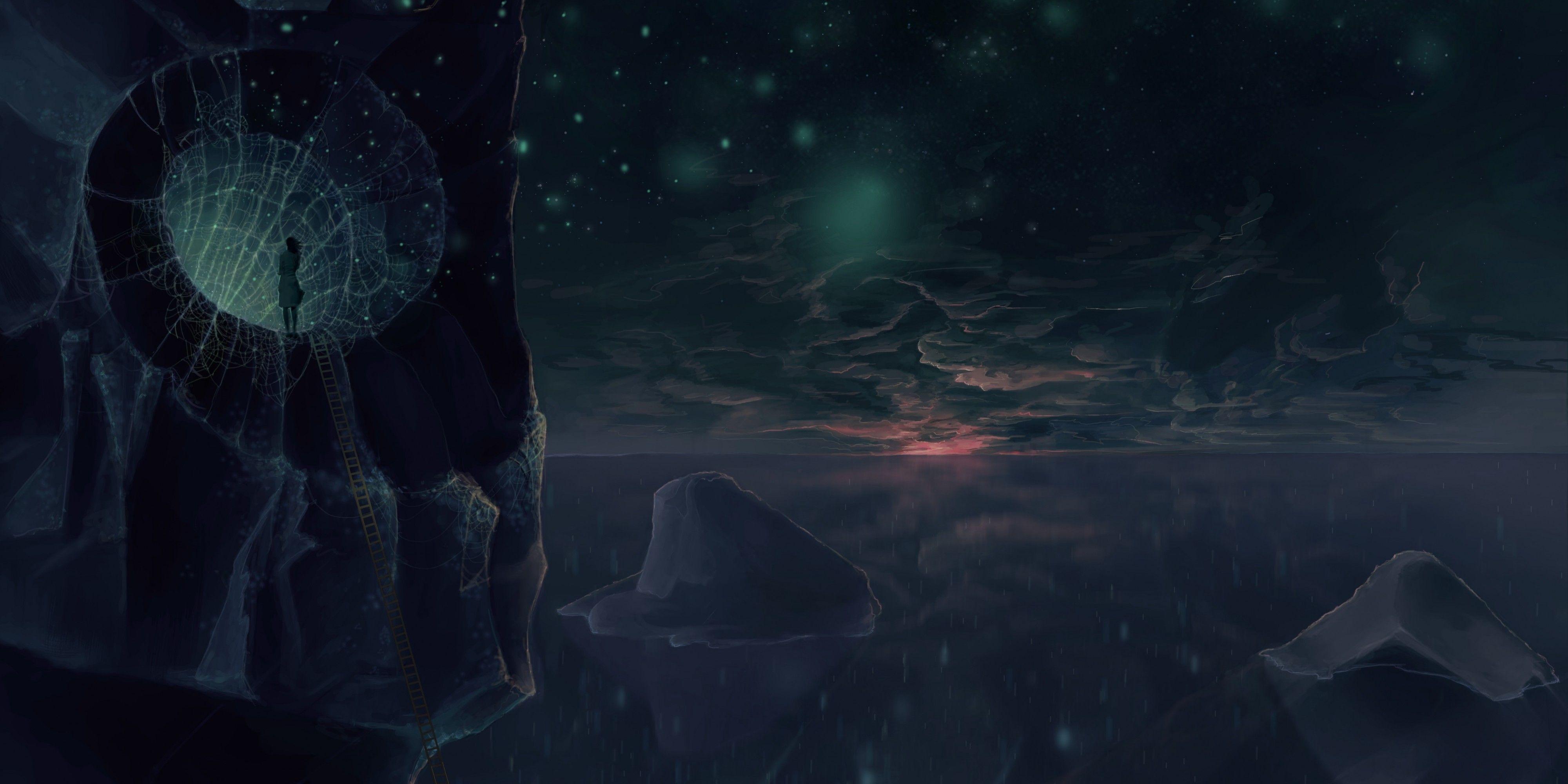 4000x2000 Download 4000x2000 Fantasy World, Iceberg, Fantasy Girl, Spider, Web, Ocean, Horizon Wallpaper