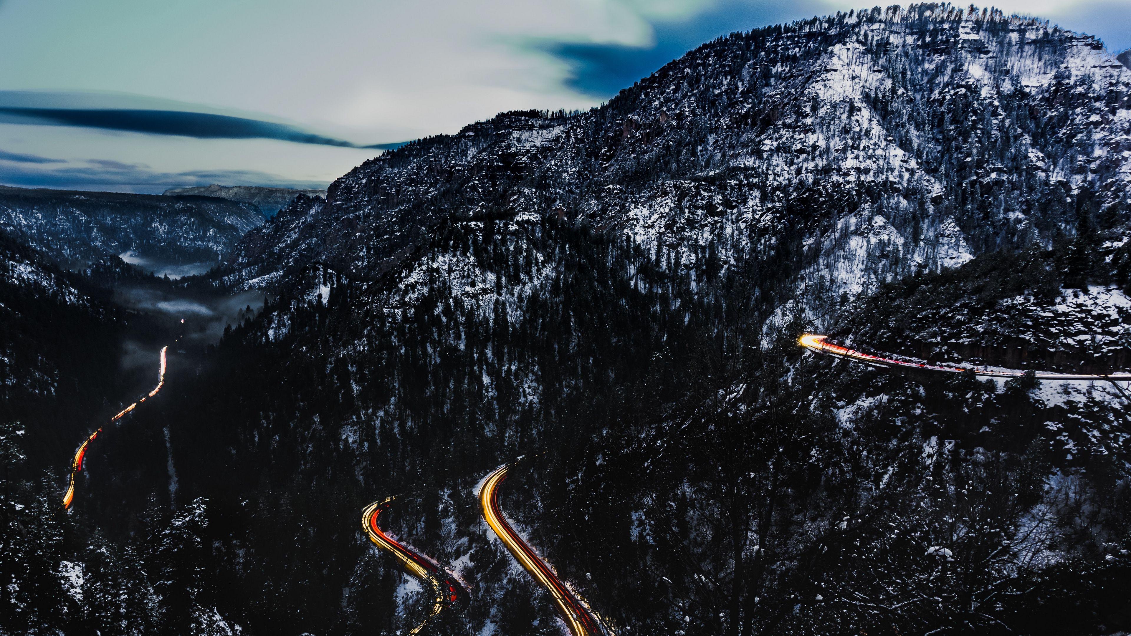 3840x2160 mountains, road, top, light, snowy 4k top, Road, Mountains. Mountains, Snowy, Wallpaper