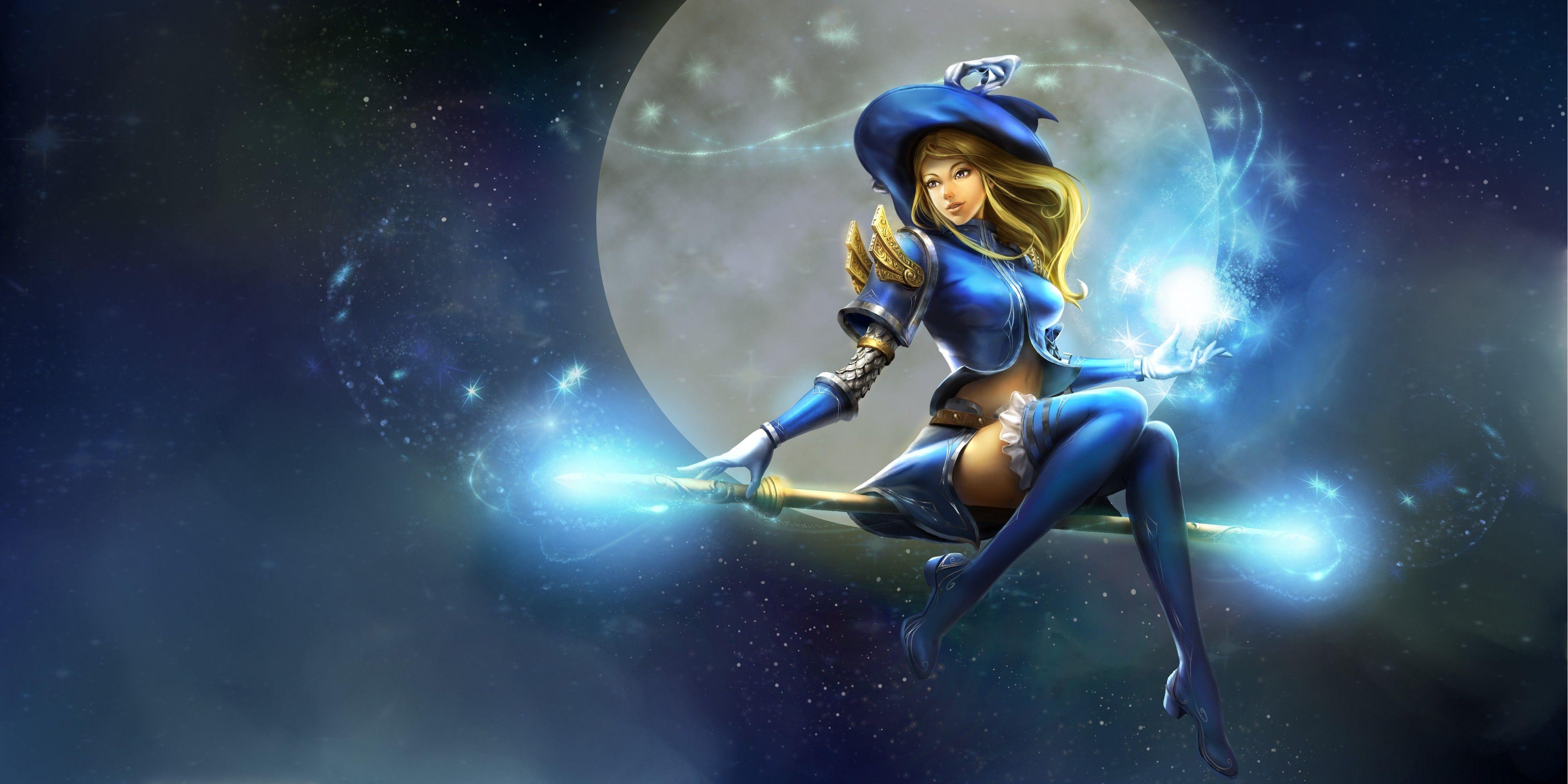 4000x2000 Download 4000x2000 League Of Legends, Lux, Moon, Staff, Witch, Hat, Artwork, Lol Wallpaper