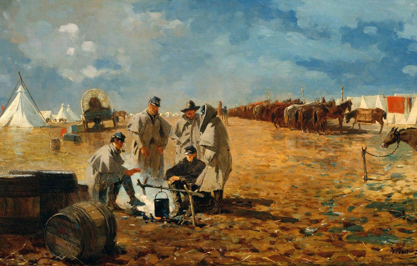 1332x850 Wallpaper picture, the fire, soldiers, genre, Winslow Homer, Winslow Homer, Rainy Day in Camp image for desktop, section живопись