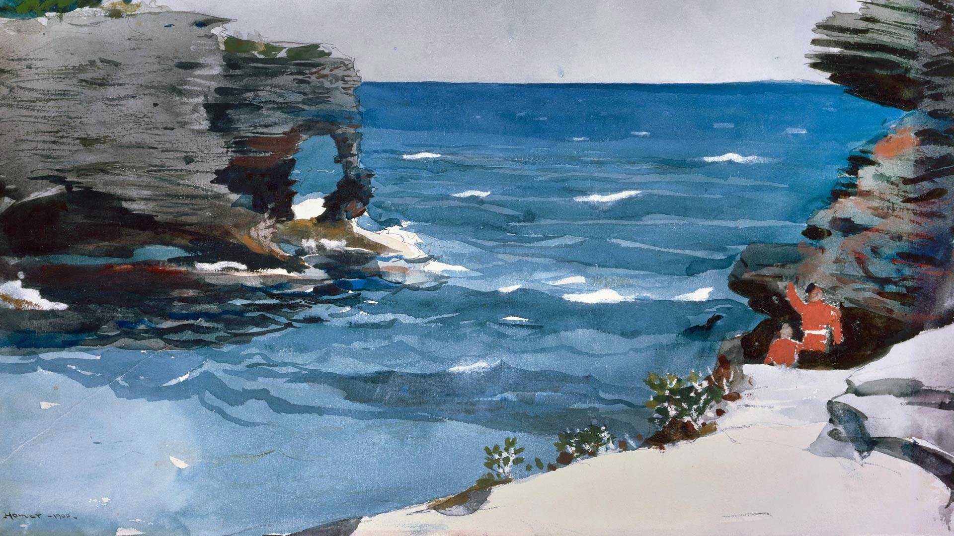 1920x1080 Rocky Shore' watercolour by artist Winslow Homer, Bermuda, 1900. From the collection of the Museum of Fine Arts, Boston, USA
