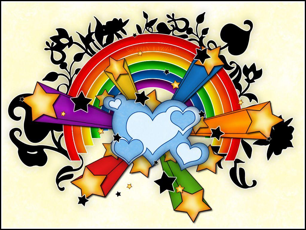 1024x768 Hearts Stars Rainbow. HD Windows Wallpaper