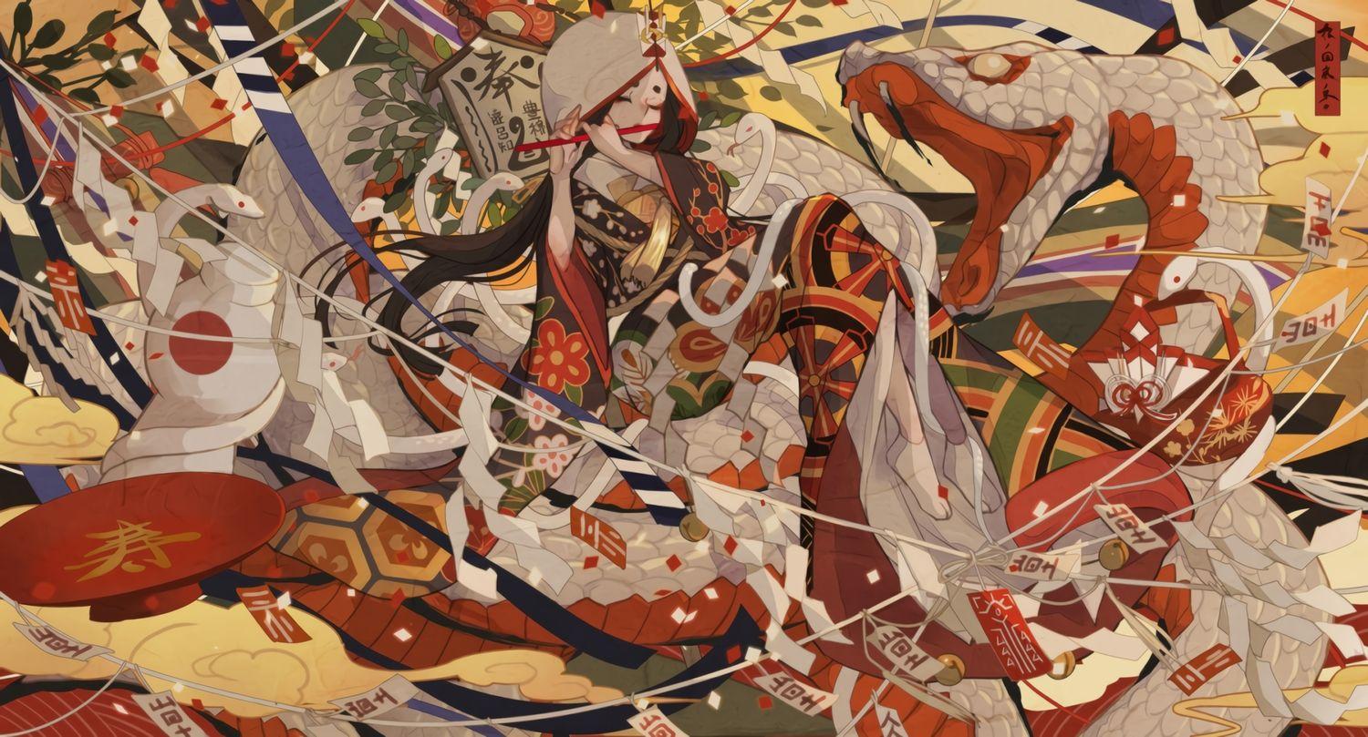 1500x809 animal bell black hair flute hoodie instrument japanese clothes kimono long hair nanahara shie ofuda original snake socks waifu2x. konachan.com.com Anime Wallpaper