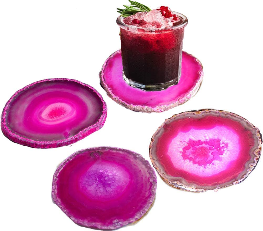 1001x879 JIC Gem 3 3.5'' Dyed Pink Agate Coasters Sliced Small Size Brazilian Natural Agate Geode Polished With Rubber Bumpers Home Decoration Set Of 4: Kitchen & Dining