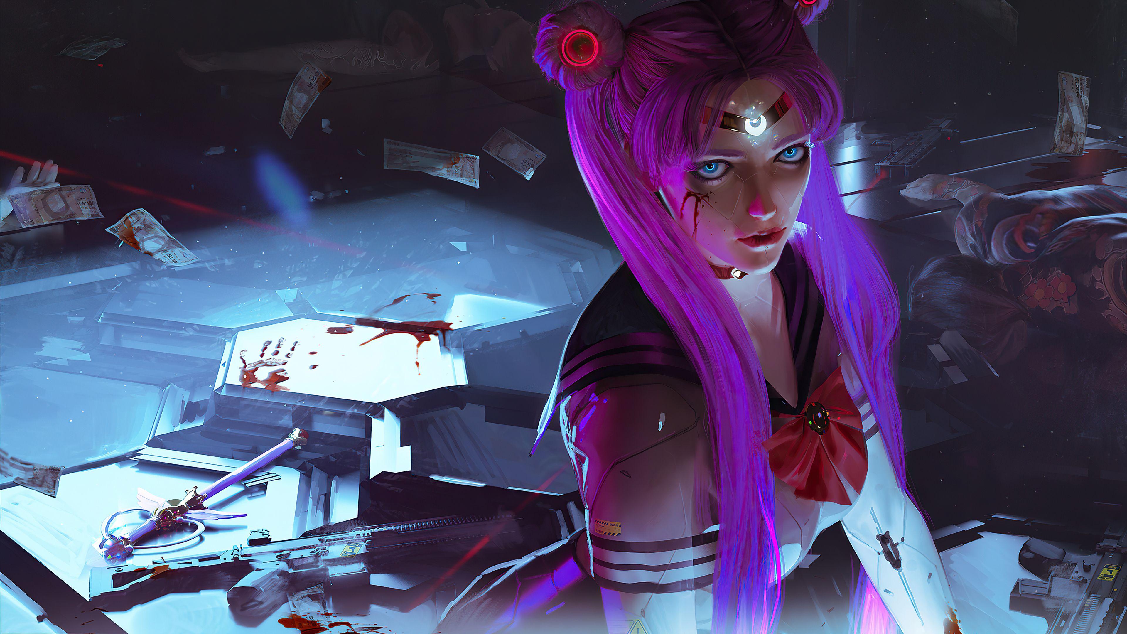 3840x2160 Sailor Moon Cyberpunk Girl 4k, HD Artist, 4k Wallpaper, Image, Background, Photo and Picture