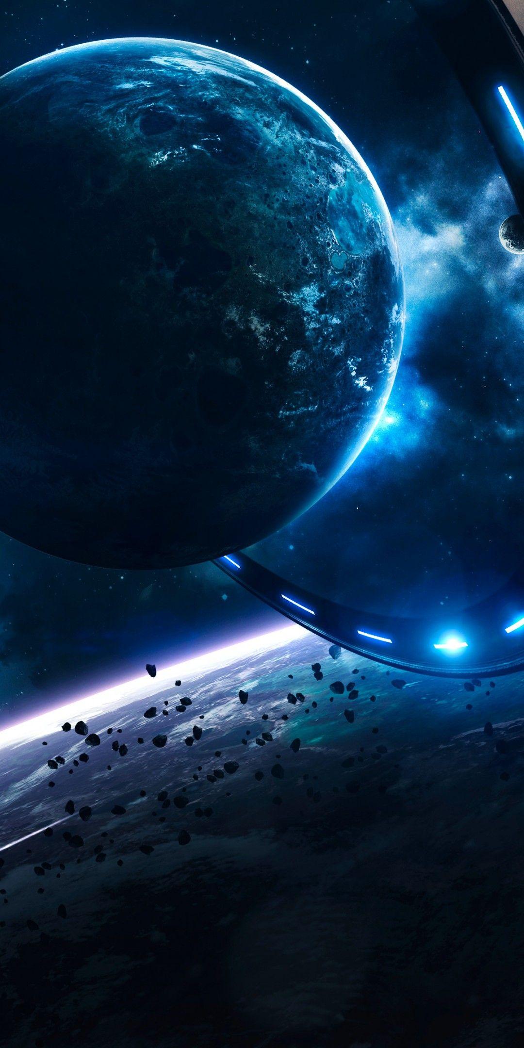 1080x2160 Earth 4K Wallpaper, Blue Planet, Gateway, Rocket, Stars, Asteroids, Purple light, Space