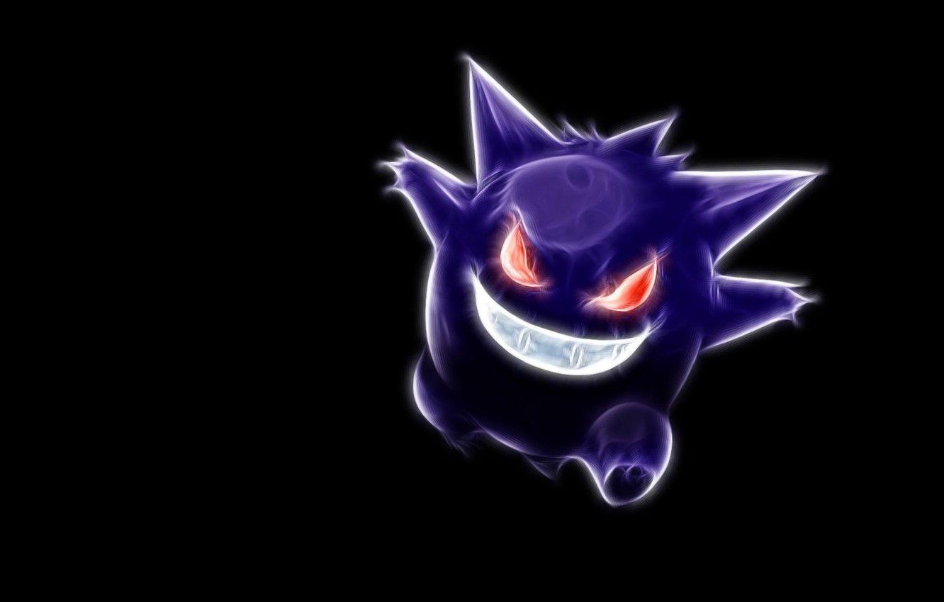 1332x850 Wallpaper black background, red eyes, pokemon, pokemon, neon lines, gengar, gengar, a devilish smile image for desktop, section прочее