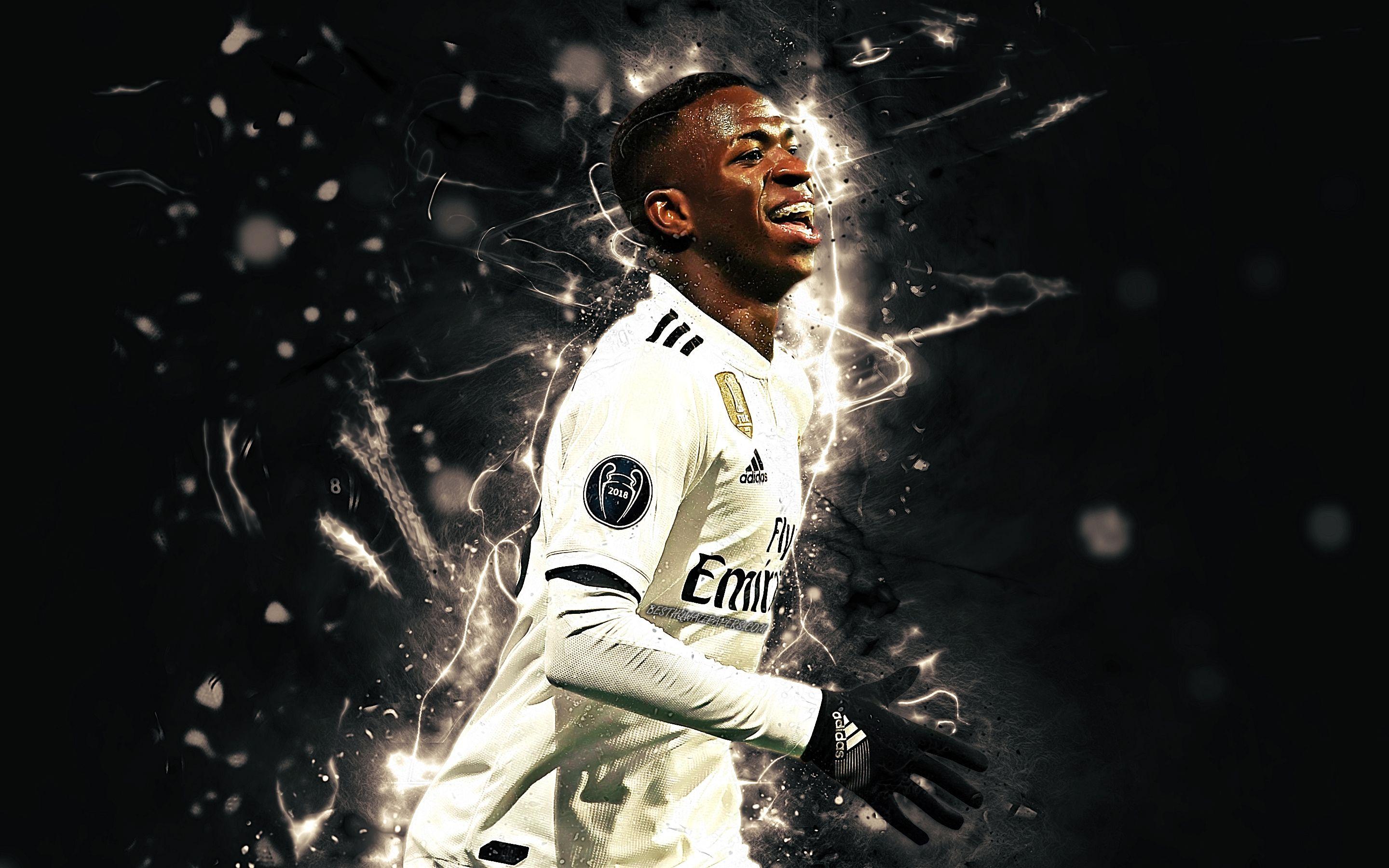 2880x1800 Download wallpaper Vinicius Junior, brazilian footballers, Real Madrid FC, joy, neon lights, Junior, abstract art, soccer, La Liga, football, Galacticos for desktop with resolution 2880x1800. High Quality HD picture wallpaper