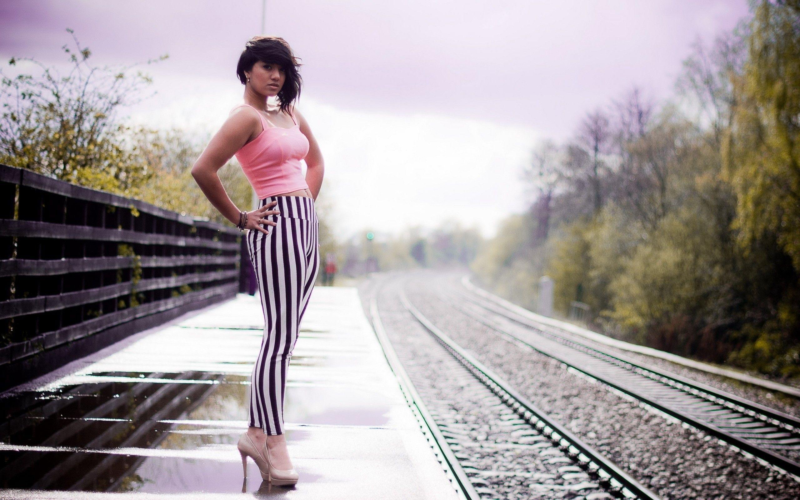 2560x1600 Railroad, Girl, Stylish, Suspense, Overcast wallpaper
