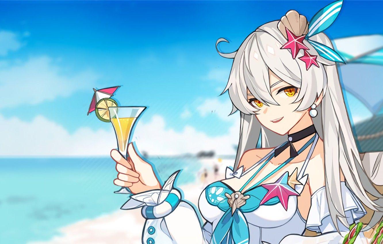1332x850 Wallpaper beach, summer, girl, cocktail, Honkai Impact 3rd, Durandal image for desktop, section сёнэн