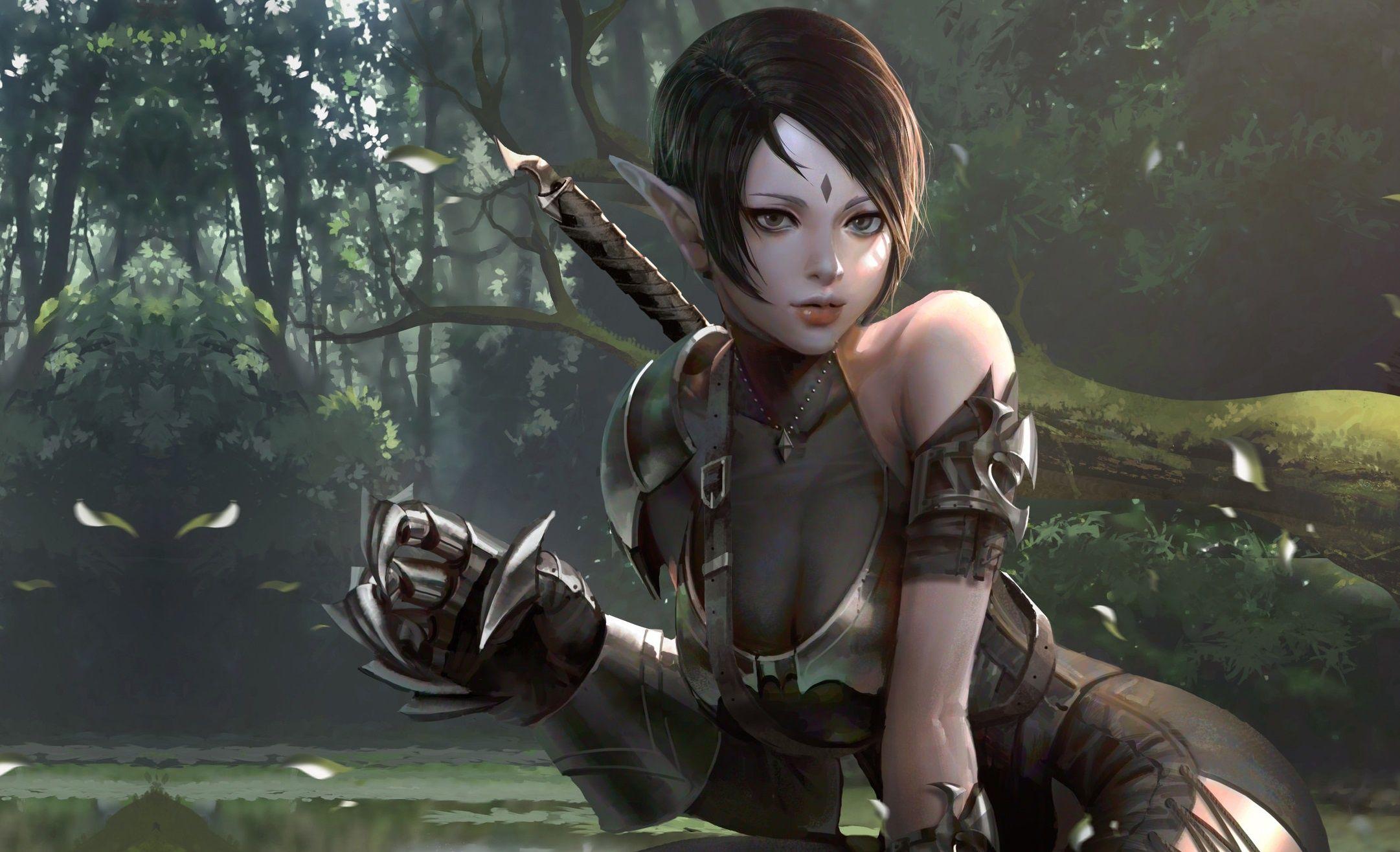 2162x1316 Black Hair, Short Hair, Elf, Girl, Woman Warrior, Woman wallpaper