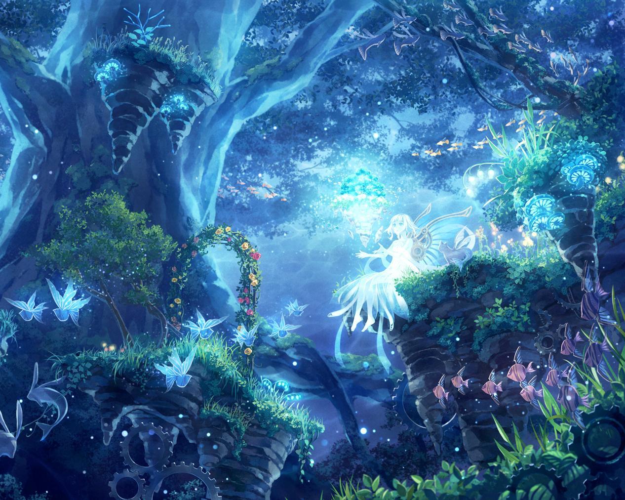 1266x1012 Magical Anime Forest Wallpaper