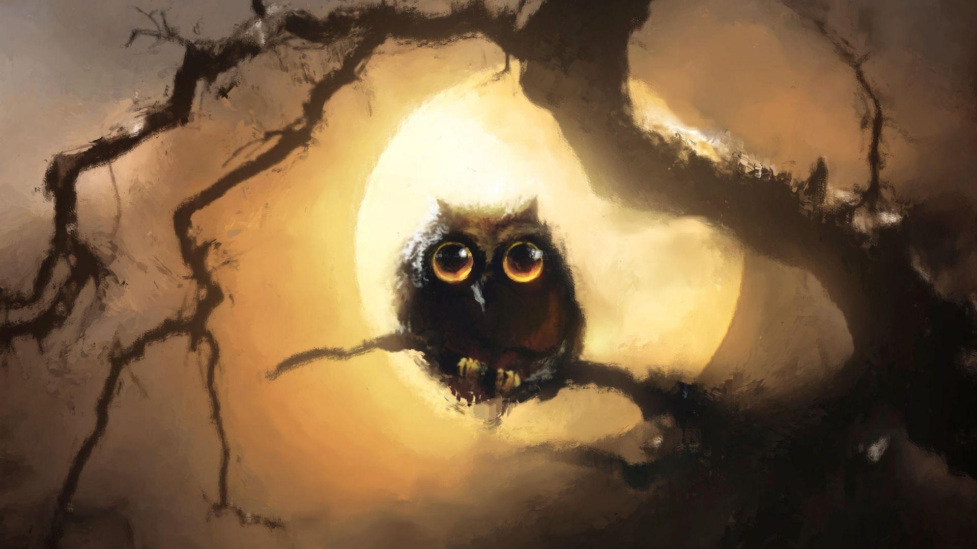 1920x1080 Desktop wallpaper cute, black owl, night, full moon, art, HD image, picture, background, 4b2023