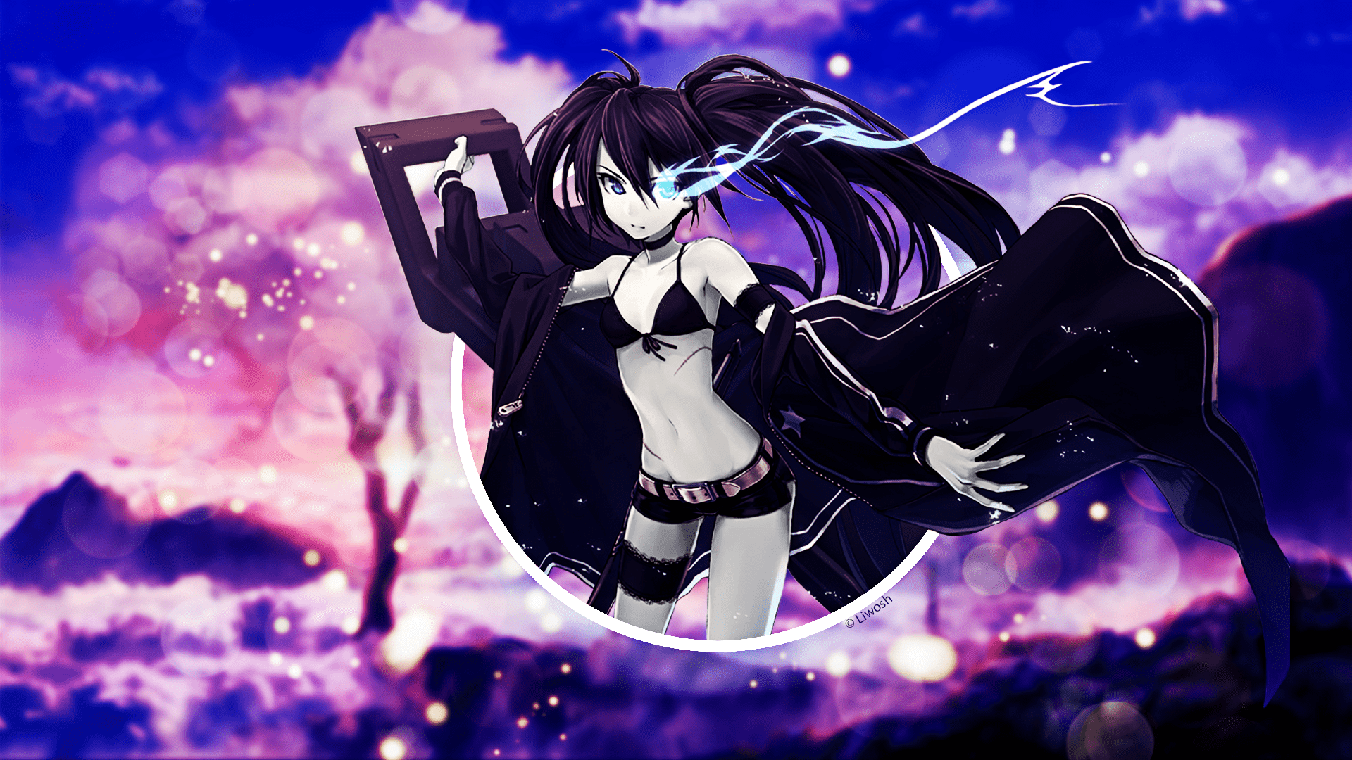 1920x1080 Black Rock Shooter Anime Sparkle Sakura Blossom Violet Blue Pink Landscape Dark Picture In Picture Wallpaper:1920x1080