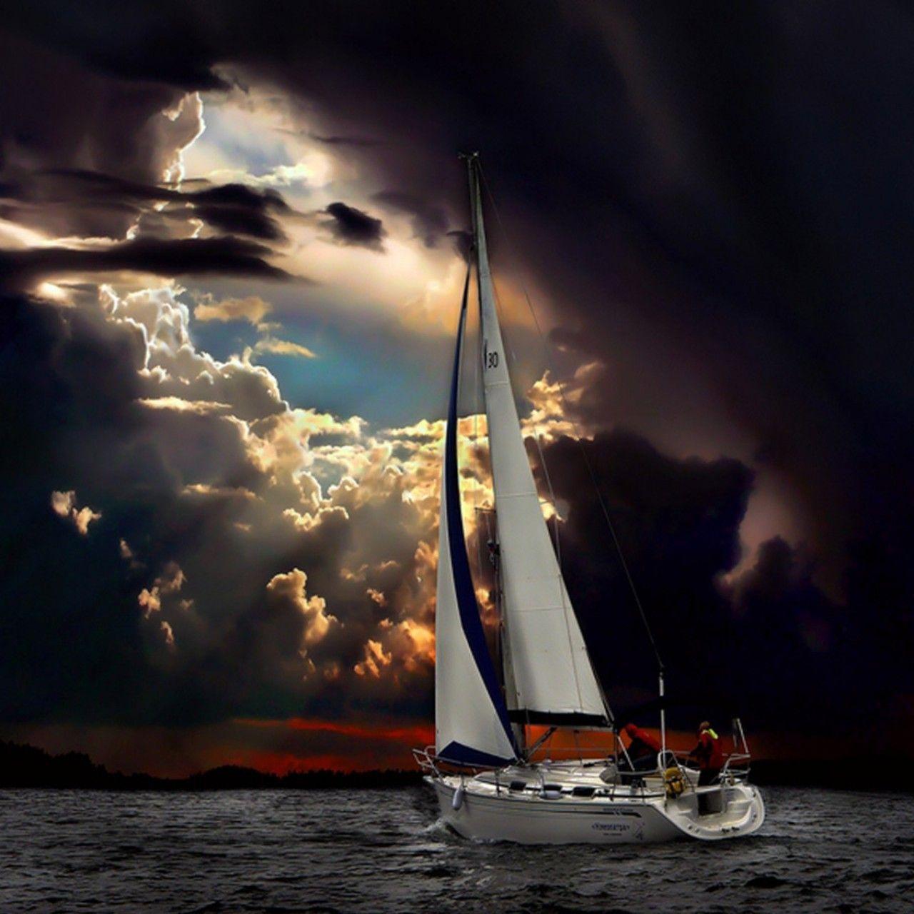 1280x1280 navigation, sea, dark clouds, storm, nature. Free HD wallpaper. Sailing, Boat, Clouds