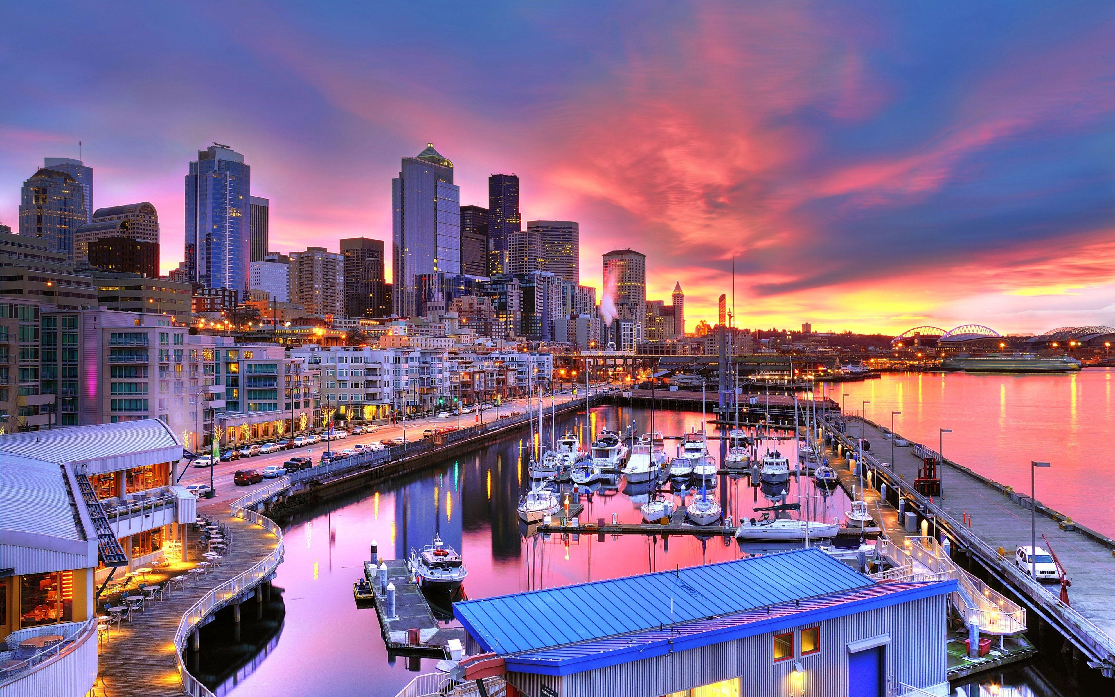 3840x2400 Seattle City The Largest City In The State In Washington United States Sunset Twilight 4k Ultra HD Desktop Wallpaper 3840x2400 :