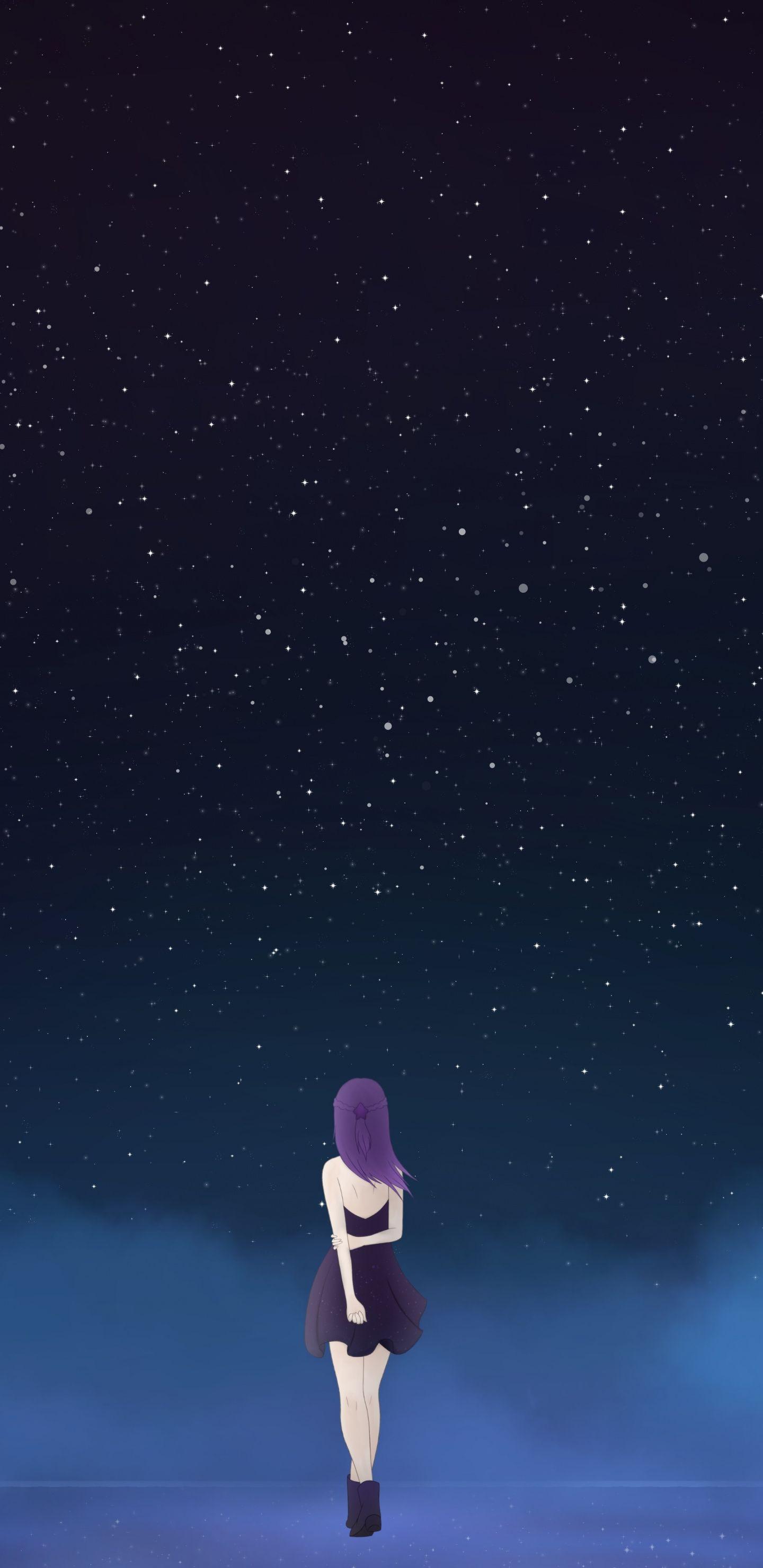 1440x2960 Anime Girl Night Sky Wallpaper