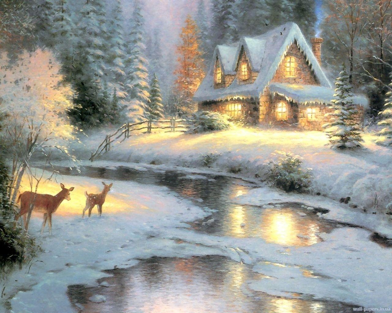 1280x1024 Thomas Kinkade Winter Wallpaper