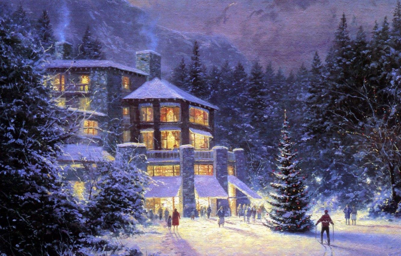 1332x850 Wallpaper forest, people, holiday, Winter, picture, ate, Christmas, tree, the hotel, painting, Christmas, skier, Thomas Kinkade, Christmas At The Ahwahnee image for desktop, section живопись