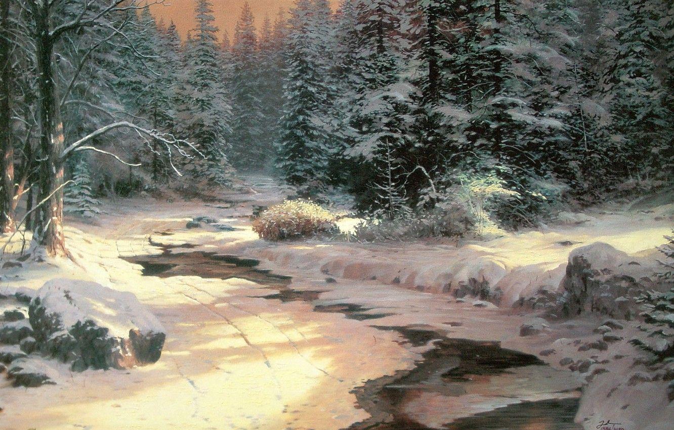1332x850 Wallpaper winter, snow, ate, river, Landscape, Thomas Kinkade image for desktop, section пейзажи