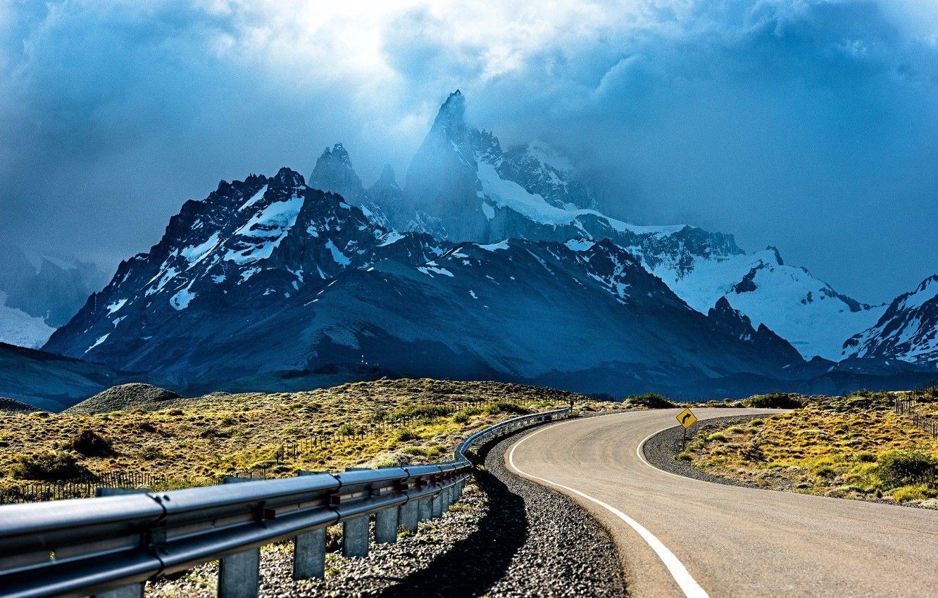 1332x850 Wallpaper road, sky, landscape, nature, sunset, Argentina, mountains, clouds, bokeh, Patagonia, shrubs, snowy peak, peak image for desktop, section пейзажи