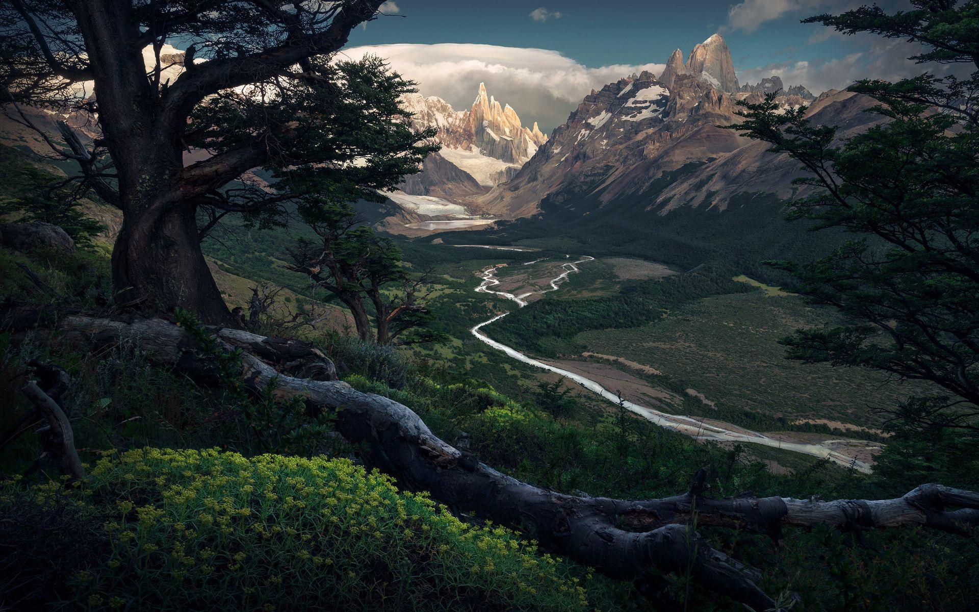 1920x1200 Download wallpaper Patagonia, mountains, forest, river, panorama, Argentina, South America for desktop with resolution 1920x1200. High Quality HD picture wallpaper