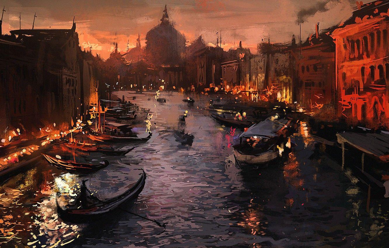 1332x850 Wallpaper the city, lights, river, boat, the evening, Venice, art, Venice image for desktop, section живопись