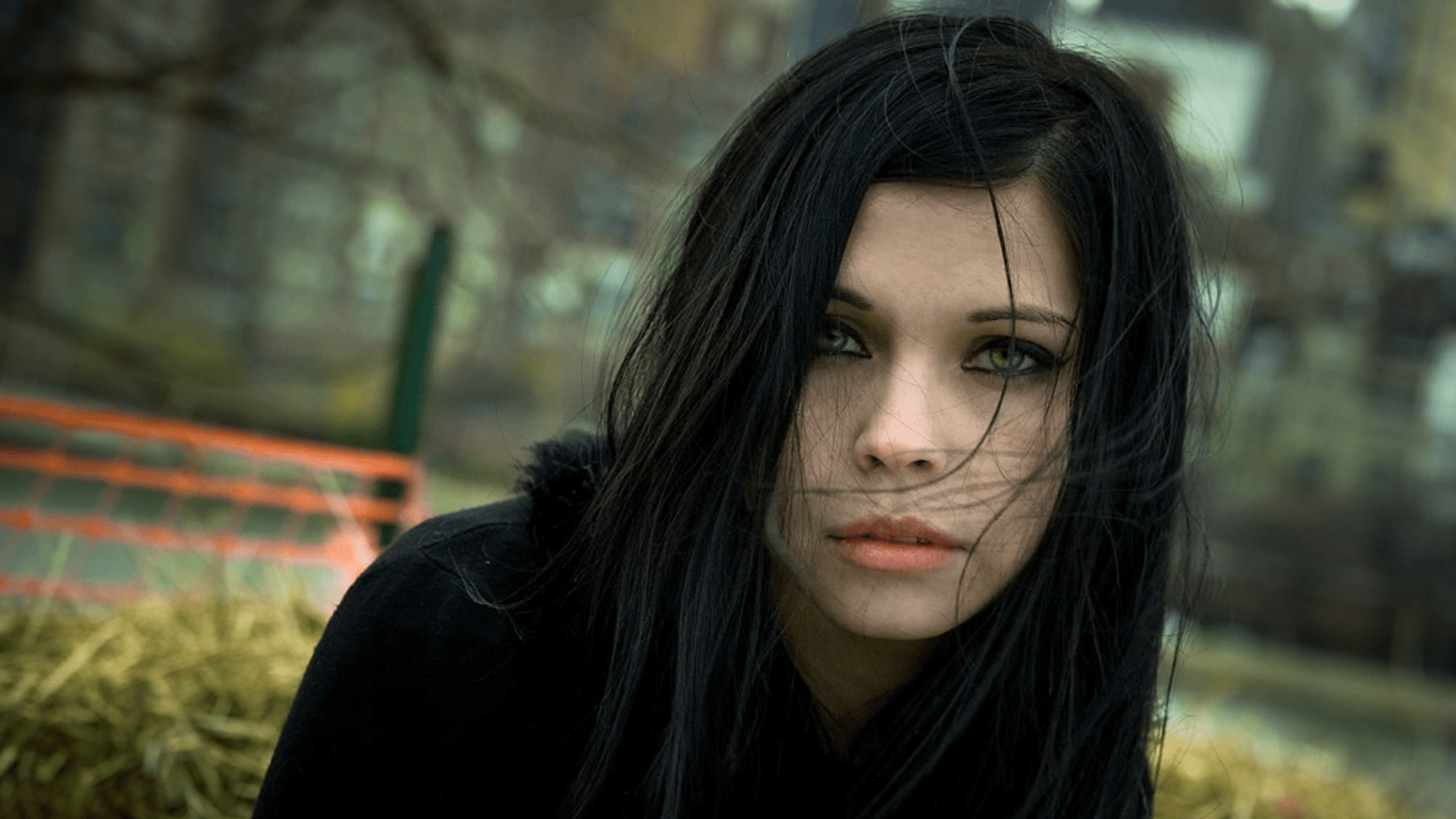 1920x1080 brunettes, women, blue eyes, gothic, green eyes, faces, pale skin, black hair wallpaper