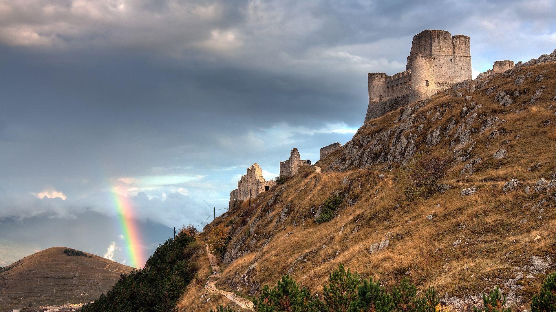 1920x1080 1920x1080 italy, abruzzo italy, fortress, rainbow, Rainbow and the castle, ruins