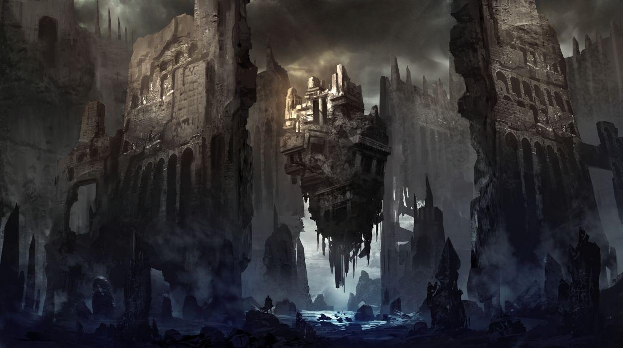 1253x700 Art ruins castle fort river rocks the sky people debris fog haze wallpaperx1080