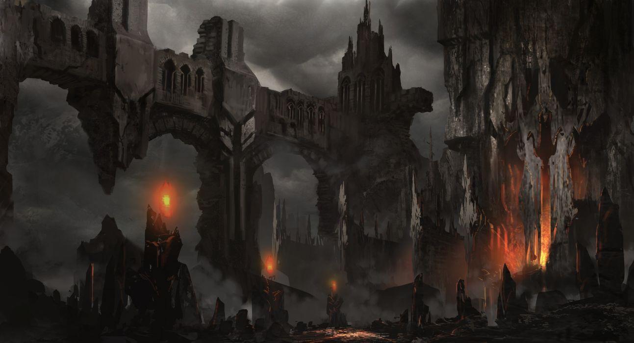 1293x700 Fantasy art landscapes decay ruins castle fire dark horror wallpaperx1624