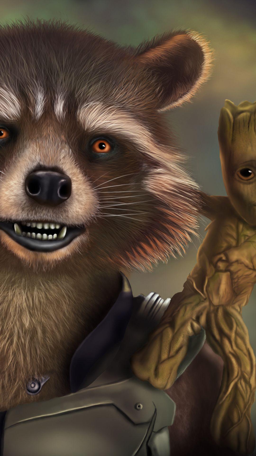 1080x1920 1080x1920 rocket raccoon, baby groot, artwork, hd, , artist for iPhone 8 wallpaper