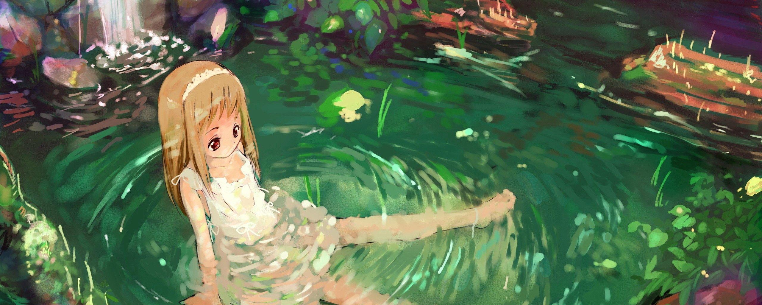 2560x1024 Download wallpaper 2560x1024 anime, girl, nature, water, sadness ultrawide monitor HD background