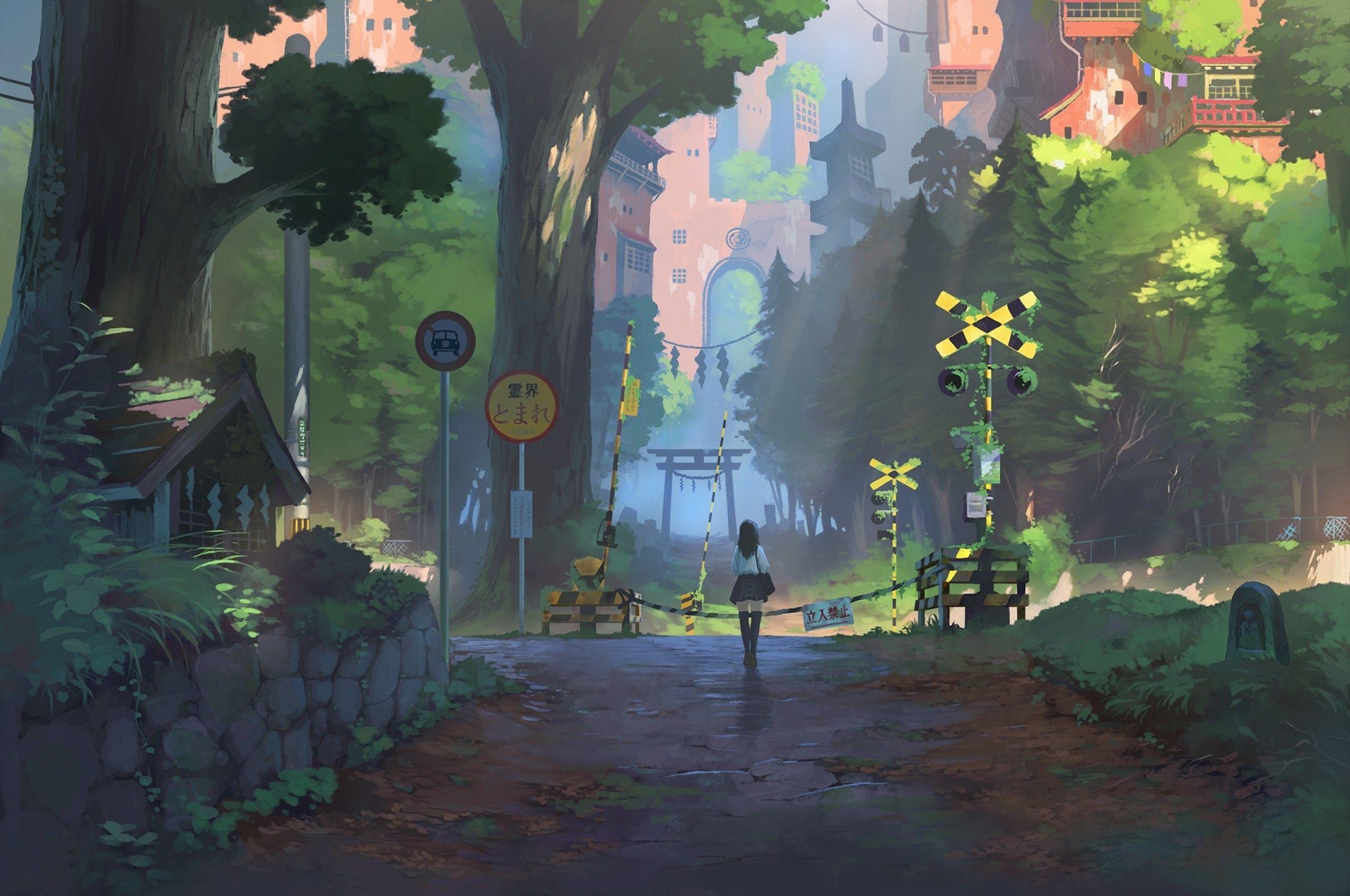 2560x1700 Download 2560x1700 Anime Girl, Scenic, Nature, Fantasy World, Walking, Buildings Wallpaper for Chromebook Pixel