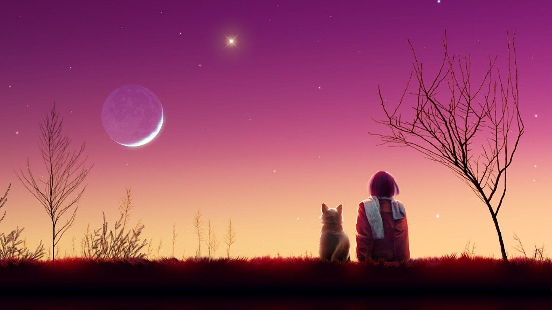 1922x1081 Kagaya moon, Anime, Girl, Cat, Sunset, Nature wallpaper