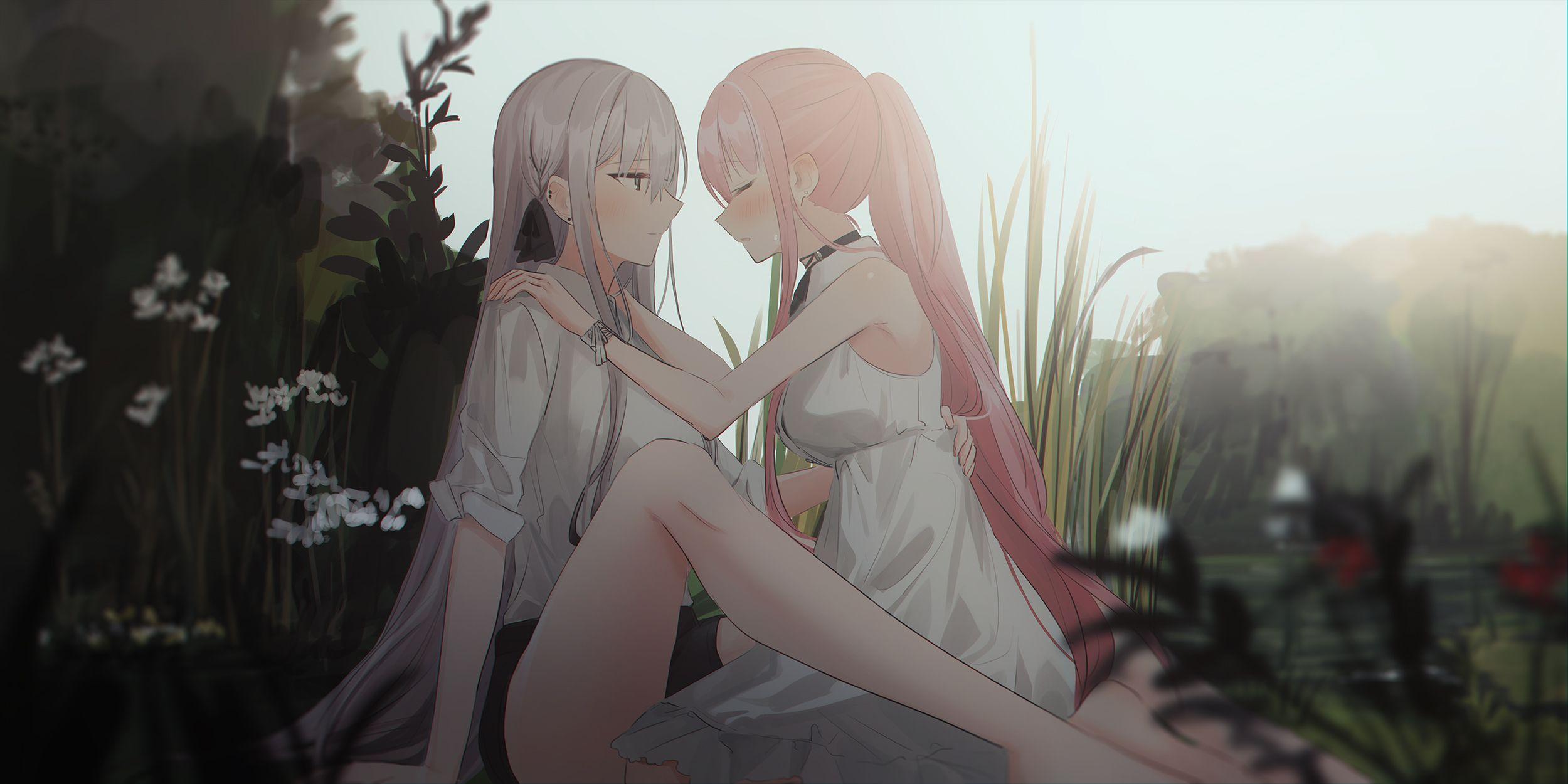 2500x1250 Chihuri 45 Dress Pink Hair White Hair Nature Anime Anime Girls Wallpaper:2500x1250