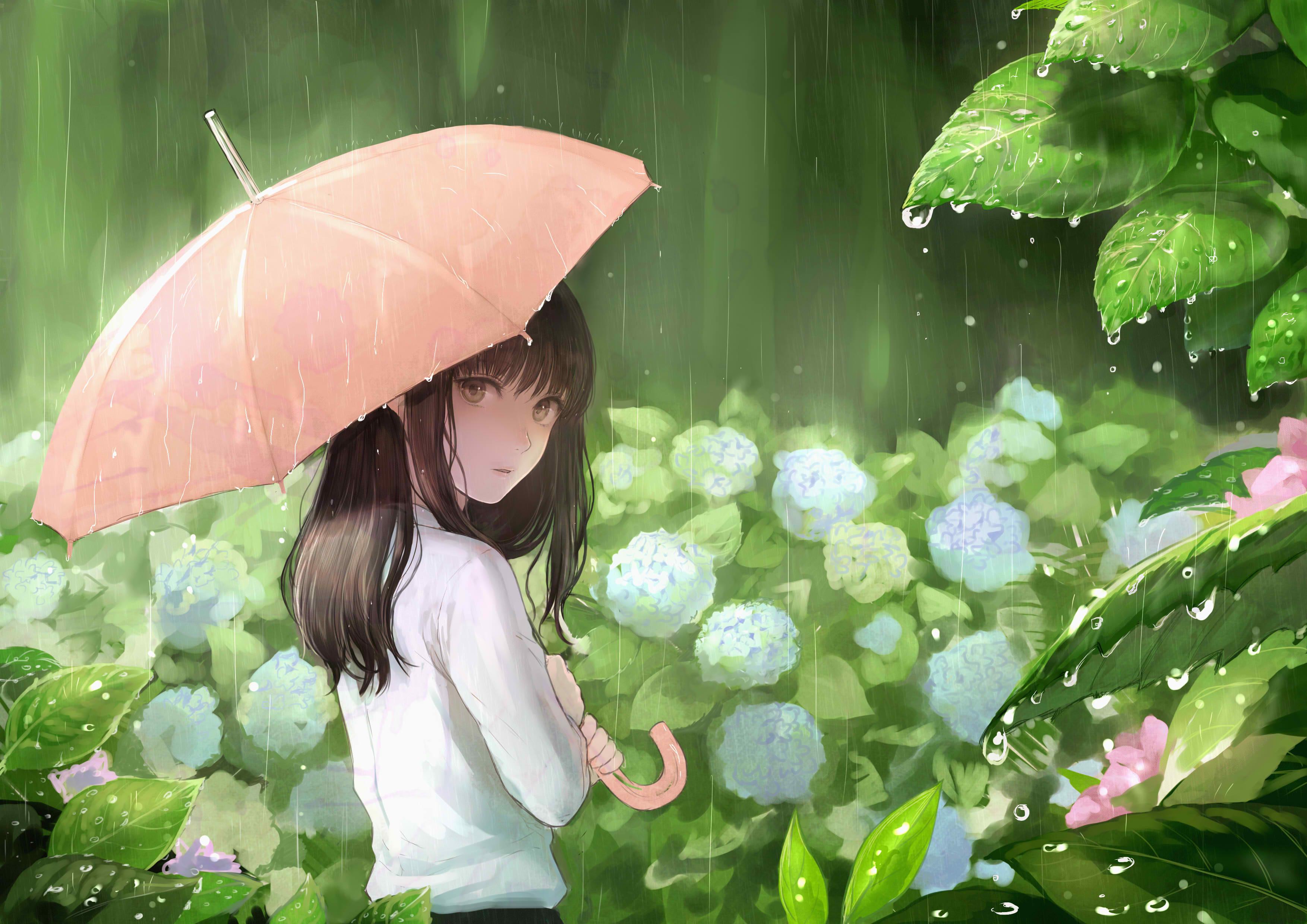 3507x2480 Anime girls rain leaves manga objects nature flowers widescreen wallpaperx2480