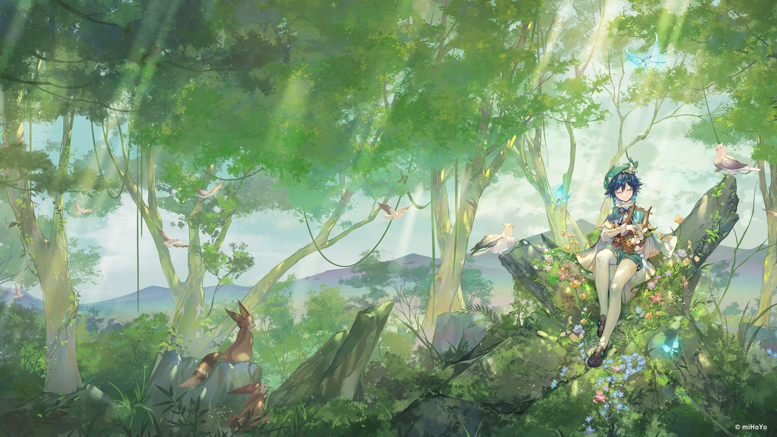 2560x1440 Genshin Impact Anime Anime Girls Nature Animals Musical Instrument Sitting Fantasy Art Fantasy Girl Wallpaper:2560x1440