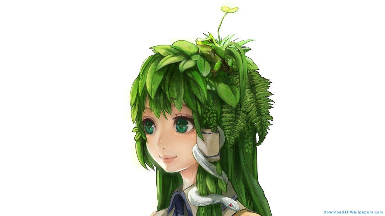 1280x720 Anime Girl With Leaves On Head, Nature Anime Girl, Anime Girl With Leaves, Anime Girl Looking Away, Anime Girl, Anime, Green, Plant, Grass, Tree, Leaves, Nature, Frog, Snake, Frog On Head, Snake