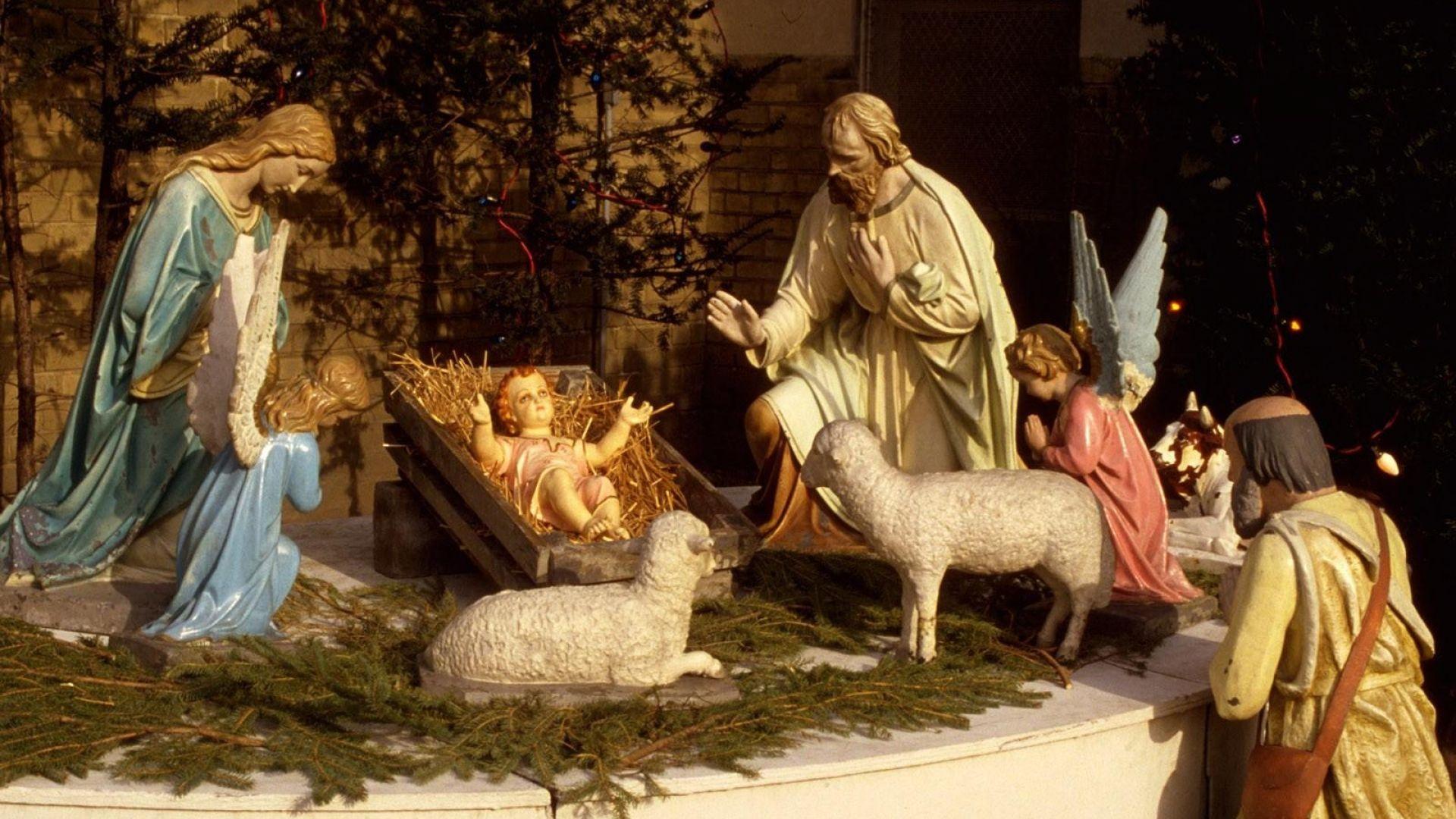 1920x1080 Download Wallpaper 1920x1080 christmas, holiday, jesus, manger, sheep, needles, people, angels, figurines Full HD 1080p HD Background