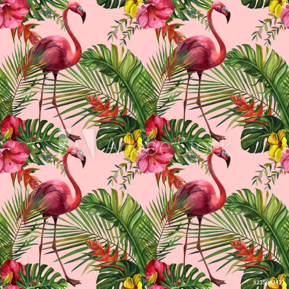 1000x1000 Watercolor tropical wildlife, flamingo bird, seamless pattern. Hand Drawn jungle nature, flowers illustration. Print for textile, cloth, wallpaper, scrapbooking wall mural wallpaper