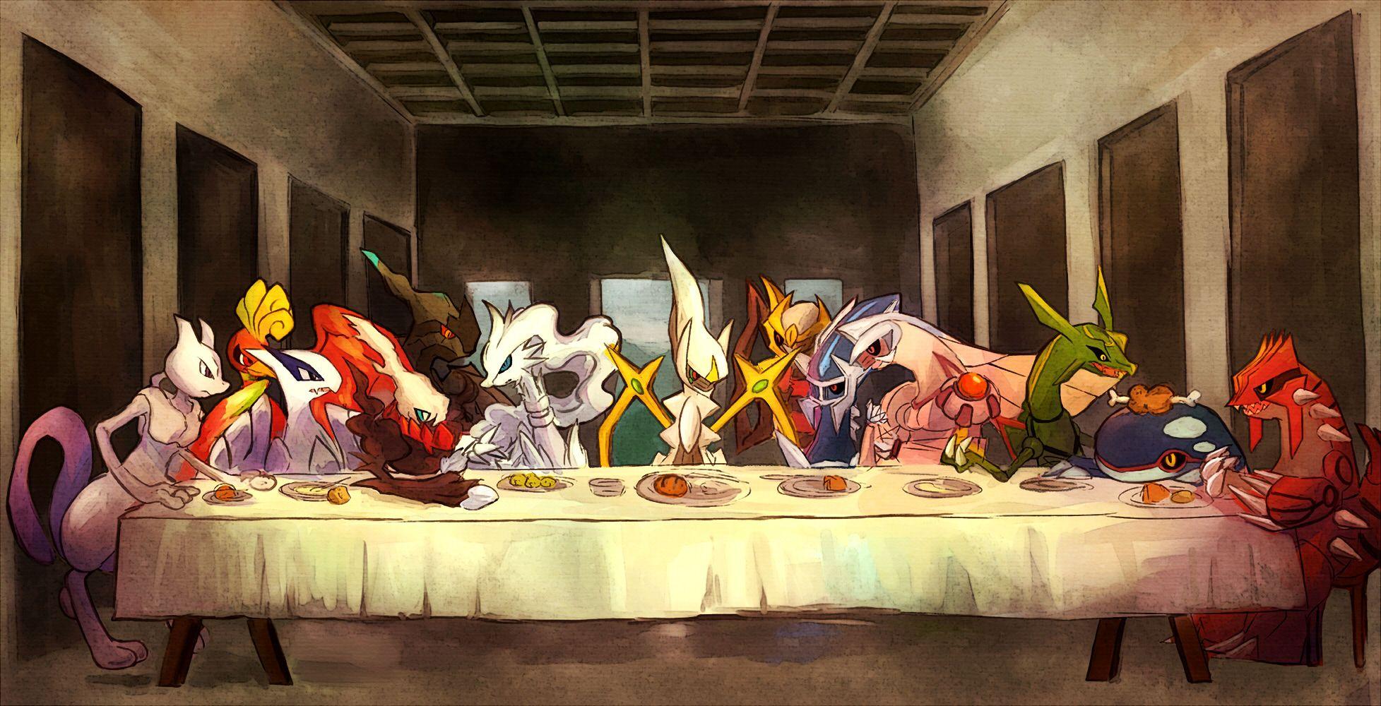 1955x1000 Pokemon, Legendary, Mewtwo, Parody, The Last Supper, Lugia, Arceus, Crossovers, Ho Oh, Giratina, Groudon, Kyogre, Palkia, Rayquaza, Zekrom, Reshiram, Darkrai, Dialga Wallpaper