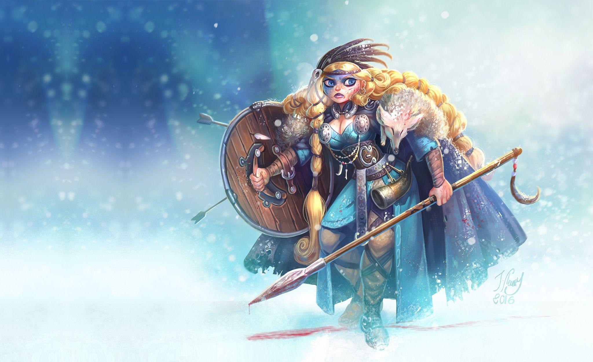 2048x1250 Blonde Blue Eyes Braid Girl Long Hair Shield Snowfall Spear Viking Woman Warrior Wallpaper:2048x1250