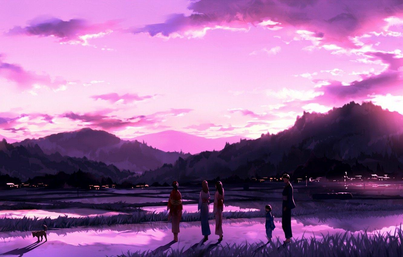 1332x850 Wallpaper sunset, people, dog, kimono, Japanese clothing image for desktop, section прочее