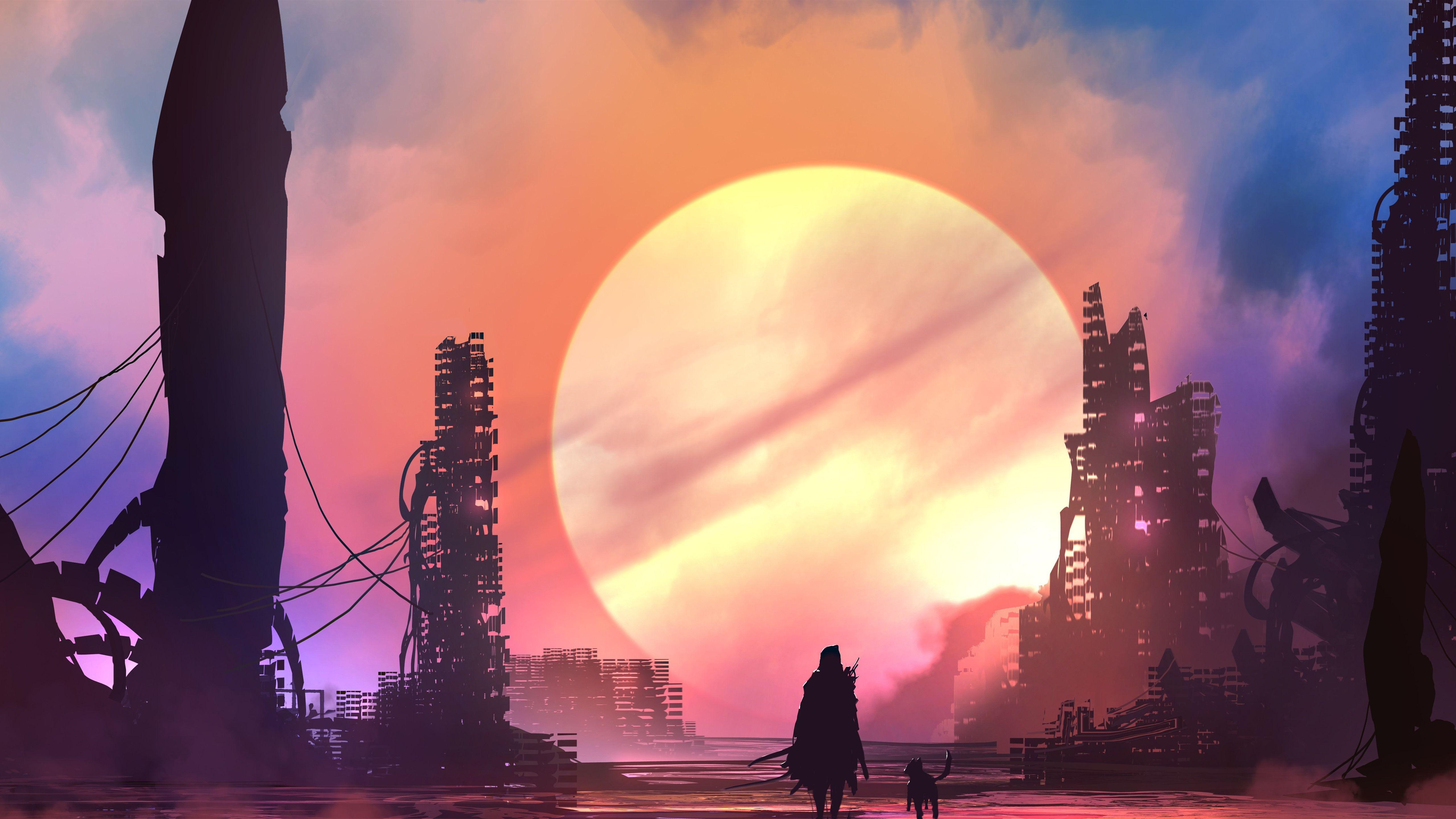 5120x2880 Wallpaper City, skyscrapers, people, sun, art picture 5120x2880 UHD 5K Picture, Image