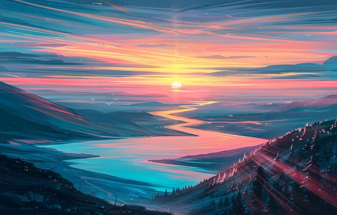 1332x850 Wallpaper forest, river, sky, trees, landscape, nature, sunset, art, mountains, stars, birds, sun, digital art, artwork, sun rays, Aenami image for desktop, section арт