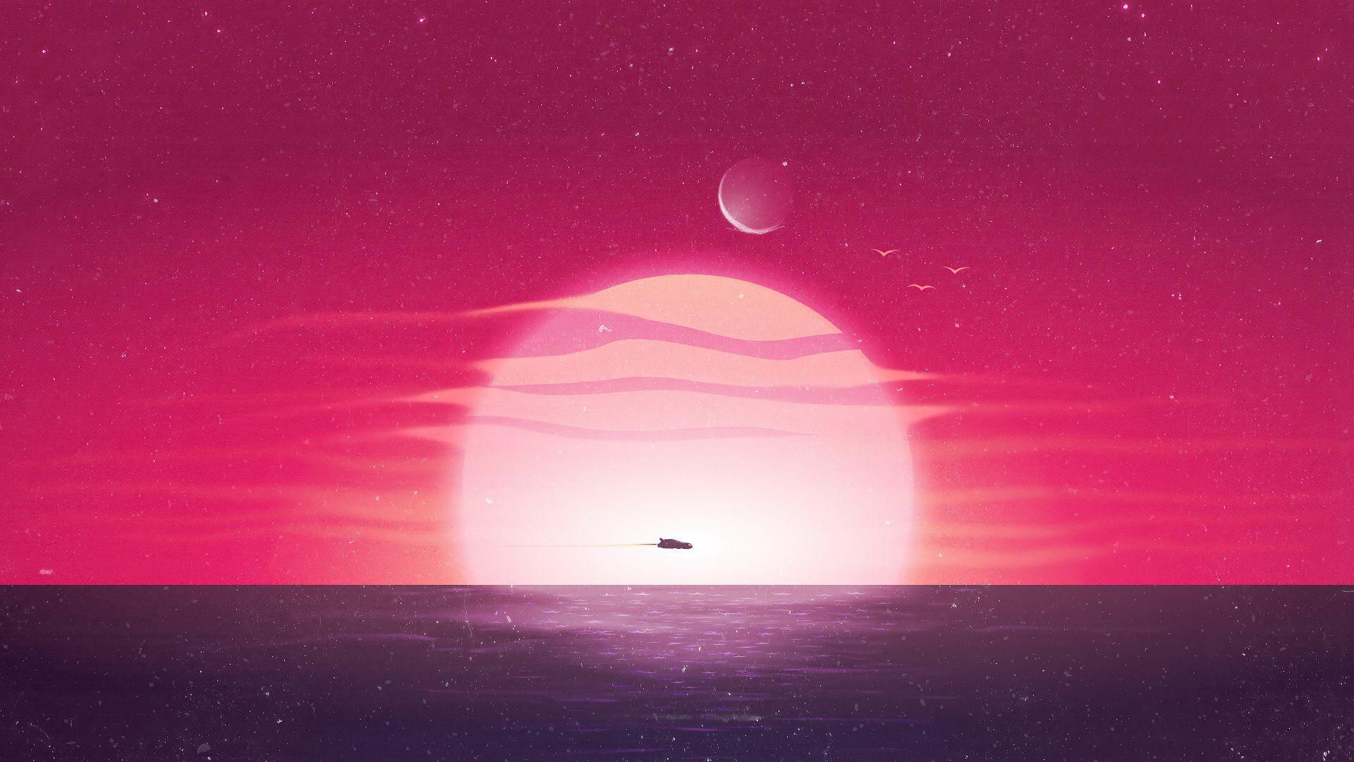 1920x1080 Desktop wallpaper horizon, sunset, sea and sun, art, HD image, picture, background, 14ea16