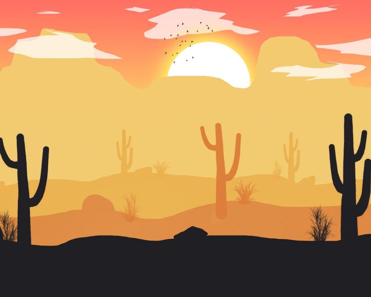 1280x1024 Download 1280x1024 Flat Desert, Sun, Birds, Sky, Digital Art Wallpaper