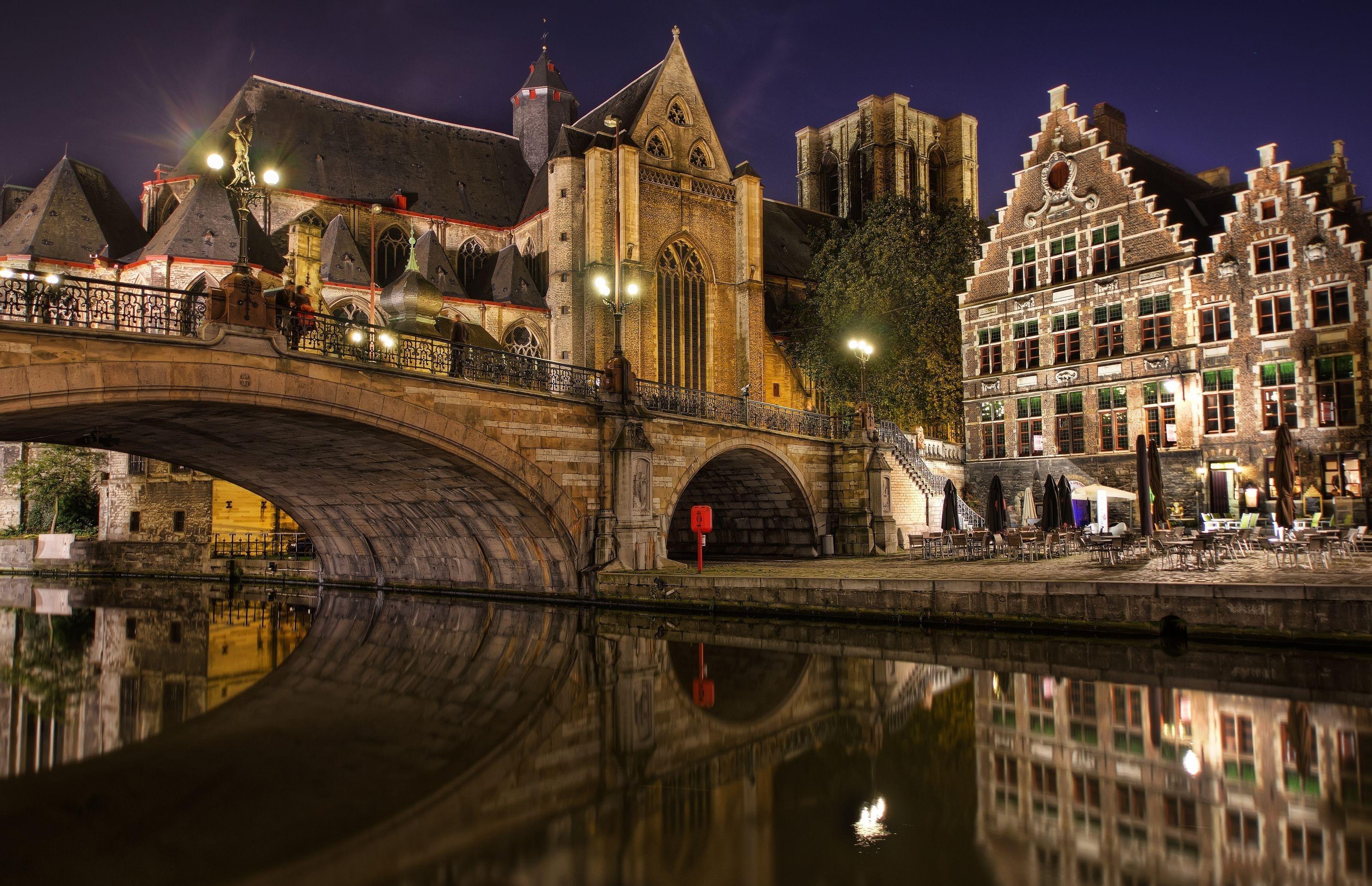 3200x2067 Desktop Wallpaper Cities Belgium bridge Bruges night time 3200x2067